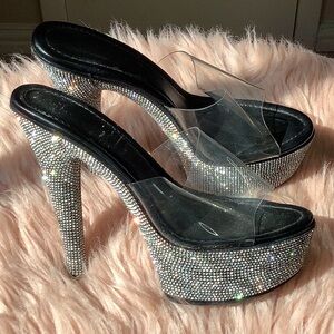 Sparkly Silver Rhinestone Clear Band Platform High Heel Sexy Stilettos